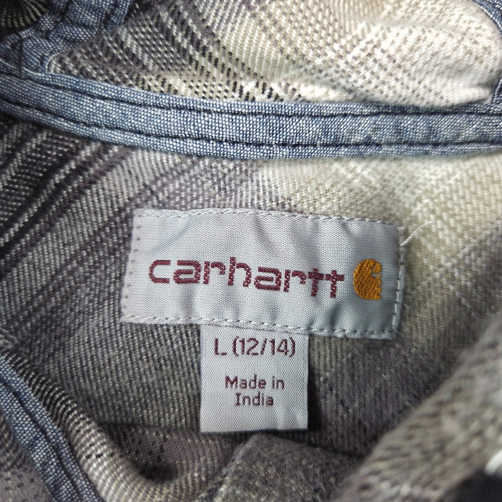 Carhartt Youth L 12/14 Plaid Hooded Flannel Shirt Grey Black Gorpcore Utility